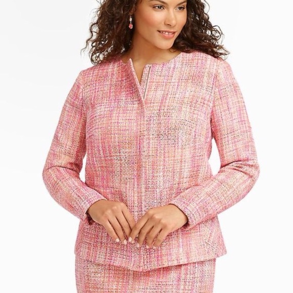 Talbots Jackets & Blazers - Talbots Collarless Pink Tweed Peplum Zip Jacket
